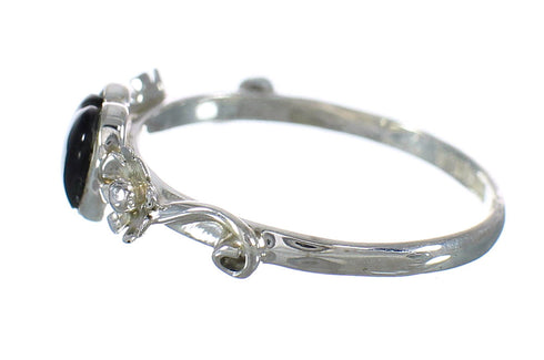 Jet And Authentic Sterling Silver Heart Flower Southwestern Ring Size 7 WX60749